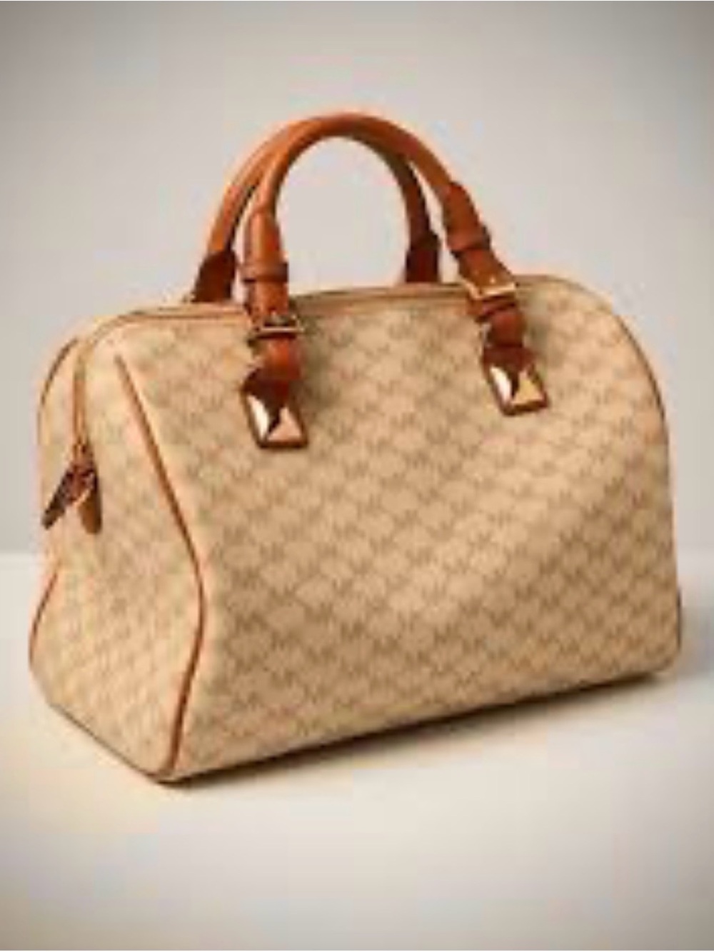 Michael Kors Beige Logo-Print Satchel with Tan Handles